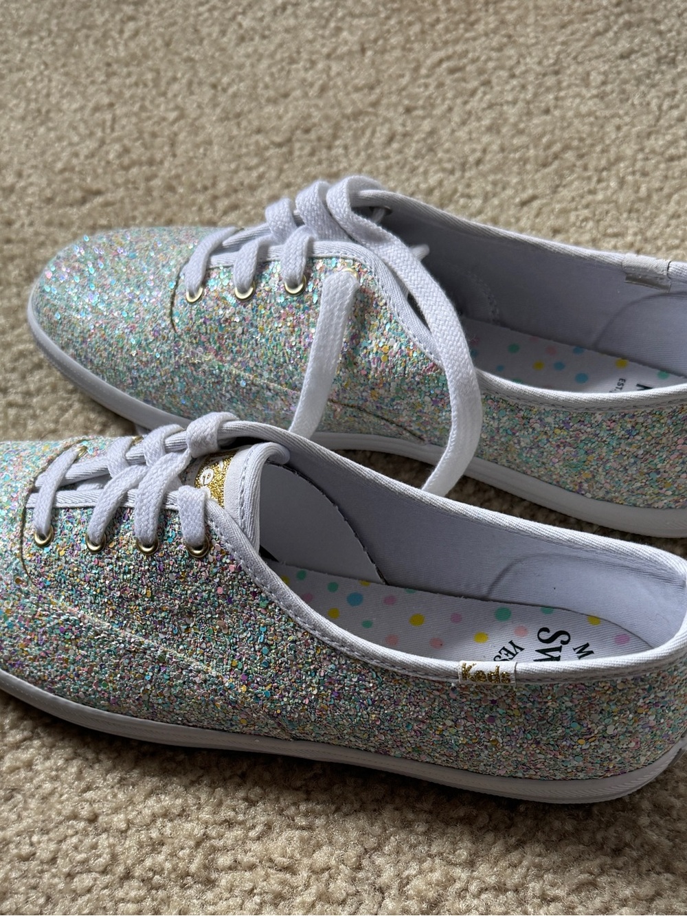 Keds Magnolia Bakery Women's Glitter Lace-Up Sneakers in White with Iridescence - Picture 2 of 6